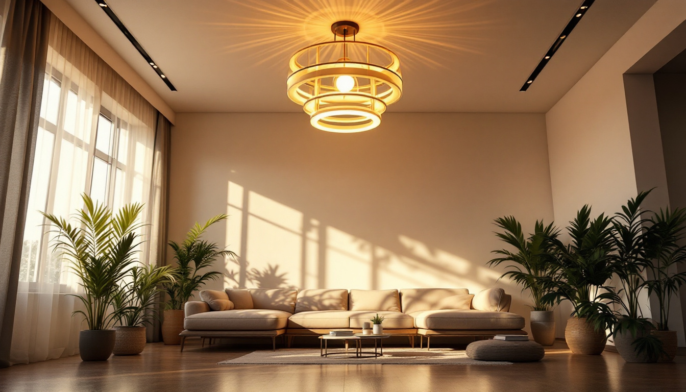 A photograph of a beautifully designed room with an artistic ceiling light fixture that casts intriguing shadows and highlights the space