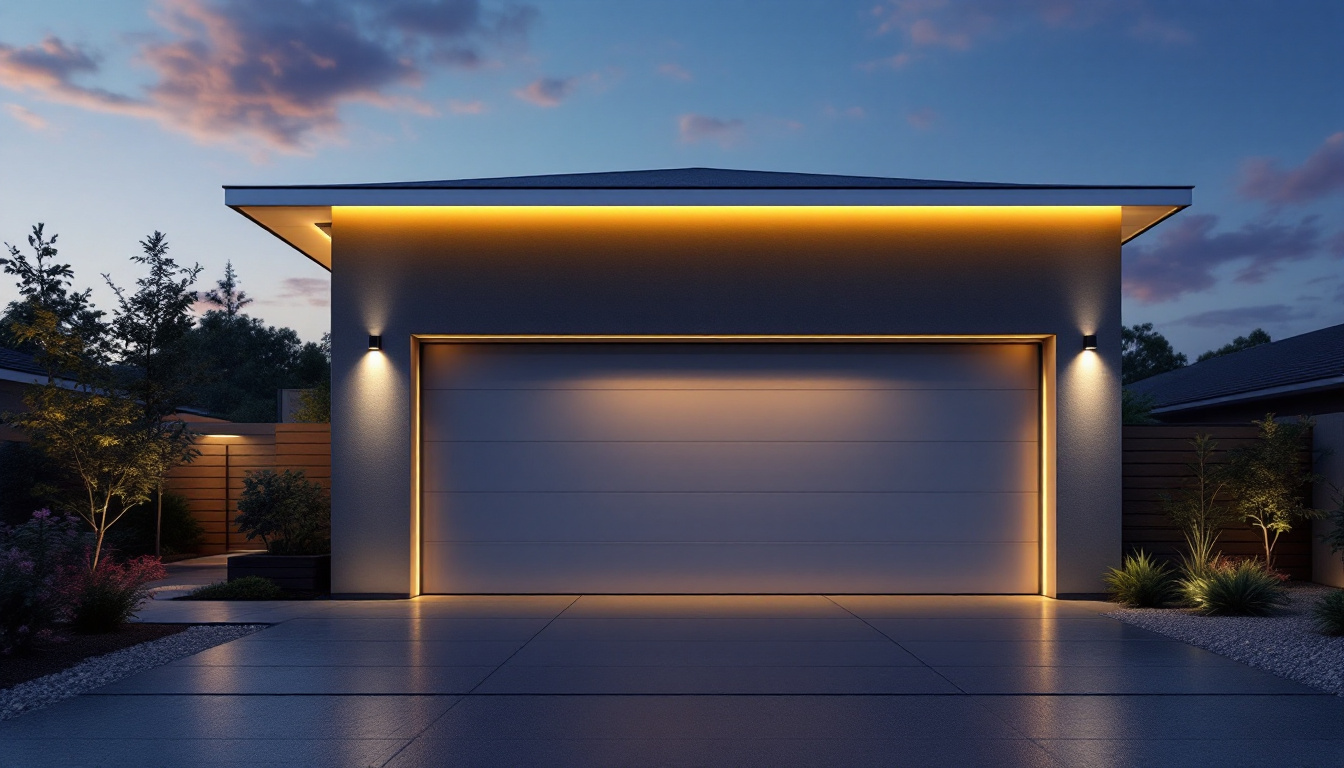 A photograph of a modern garage illuminated by smart led lighting