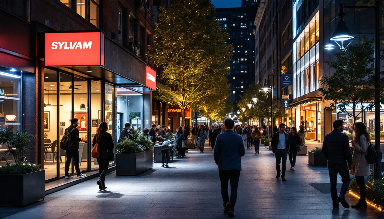 A photograph of a well-lit urban scene at dusk