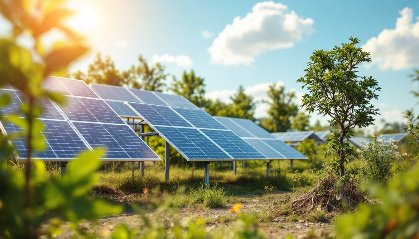 A photograph of a vibrant outdoor scene featuring both solar panels and led lighting in use