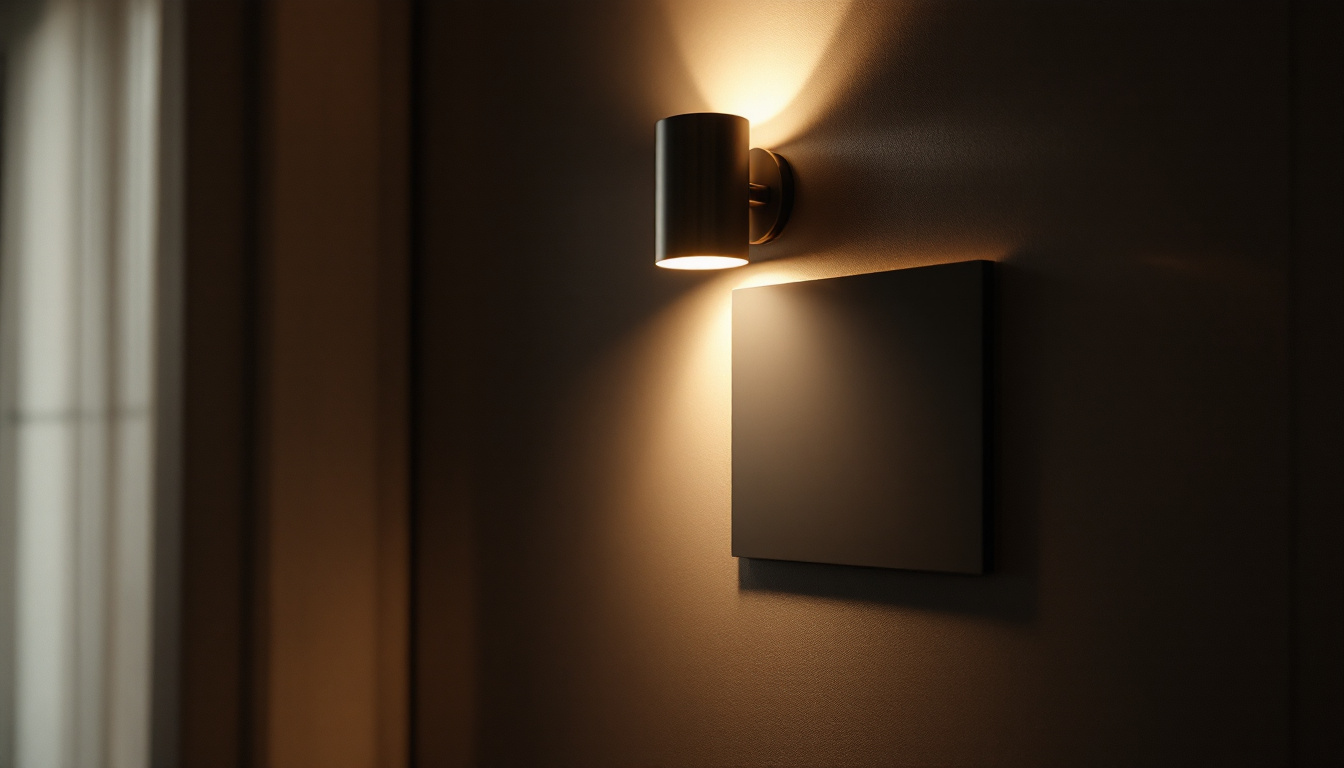 A photograph of a beautifully designed wall sconce illuminating a plaque in a dimly lit environment
