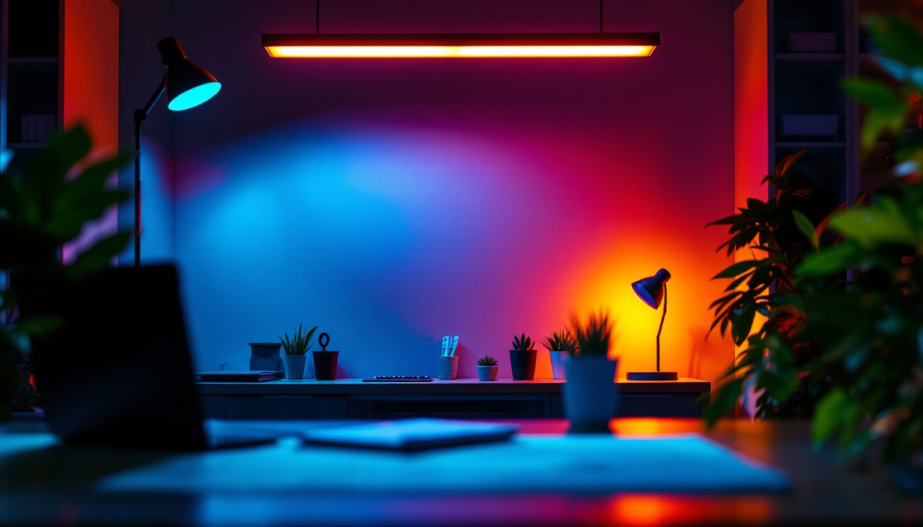 A photograph of a modern workspace illuminated by a combination of led and fluorescent lights