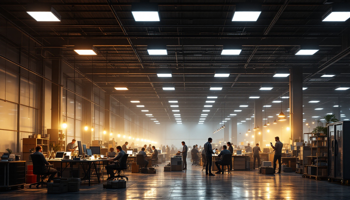 A photograph of a modern workplace or warehouse illuminated by innovative lighting solutions