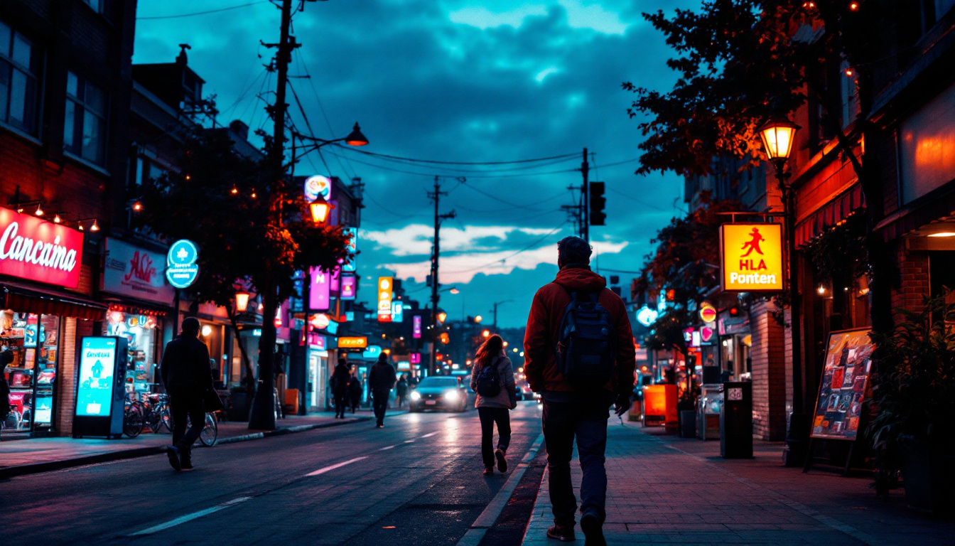 A photograph of a vibrant urban scene illuminated by high pressure sodium lights at dusk