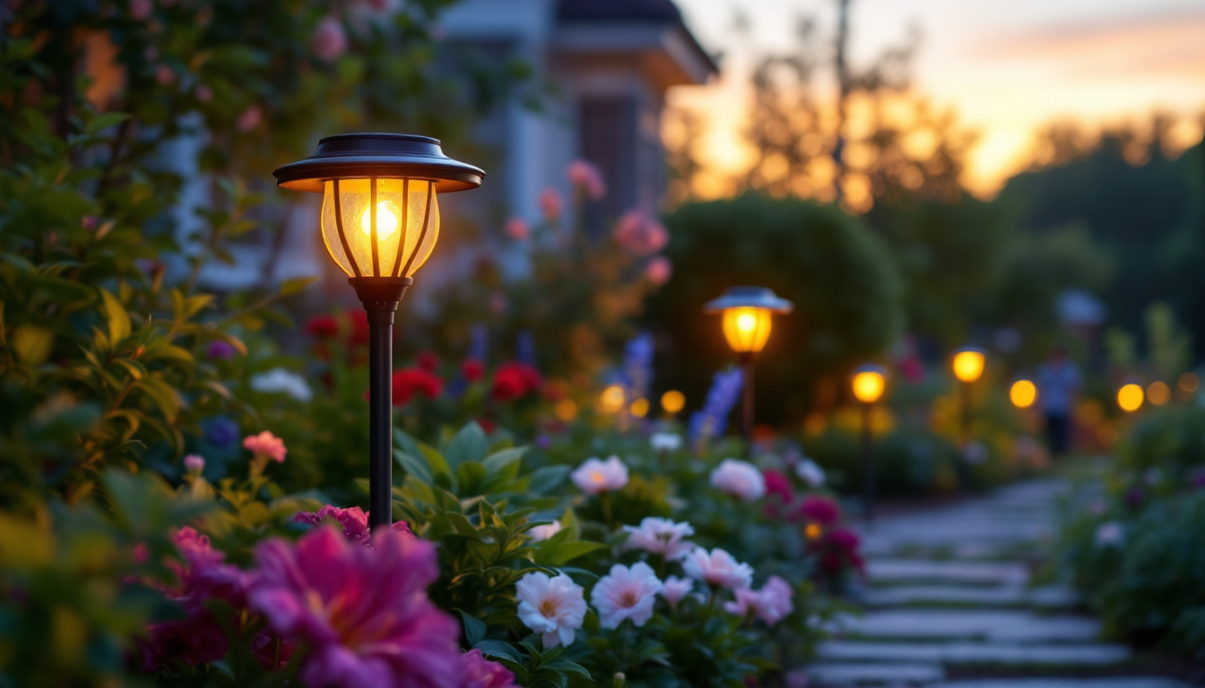 A photograph of a beautifully illuminated garden at dusk