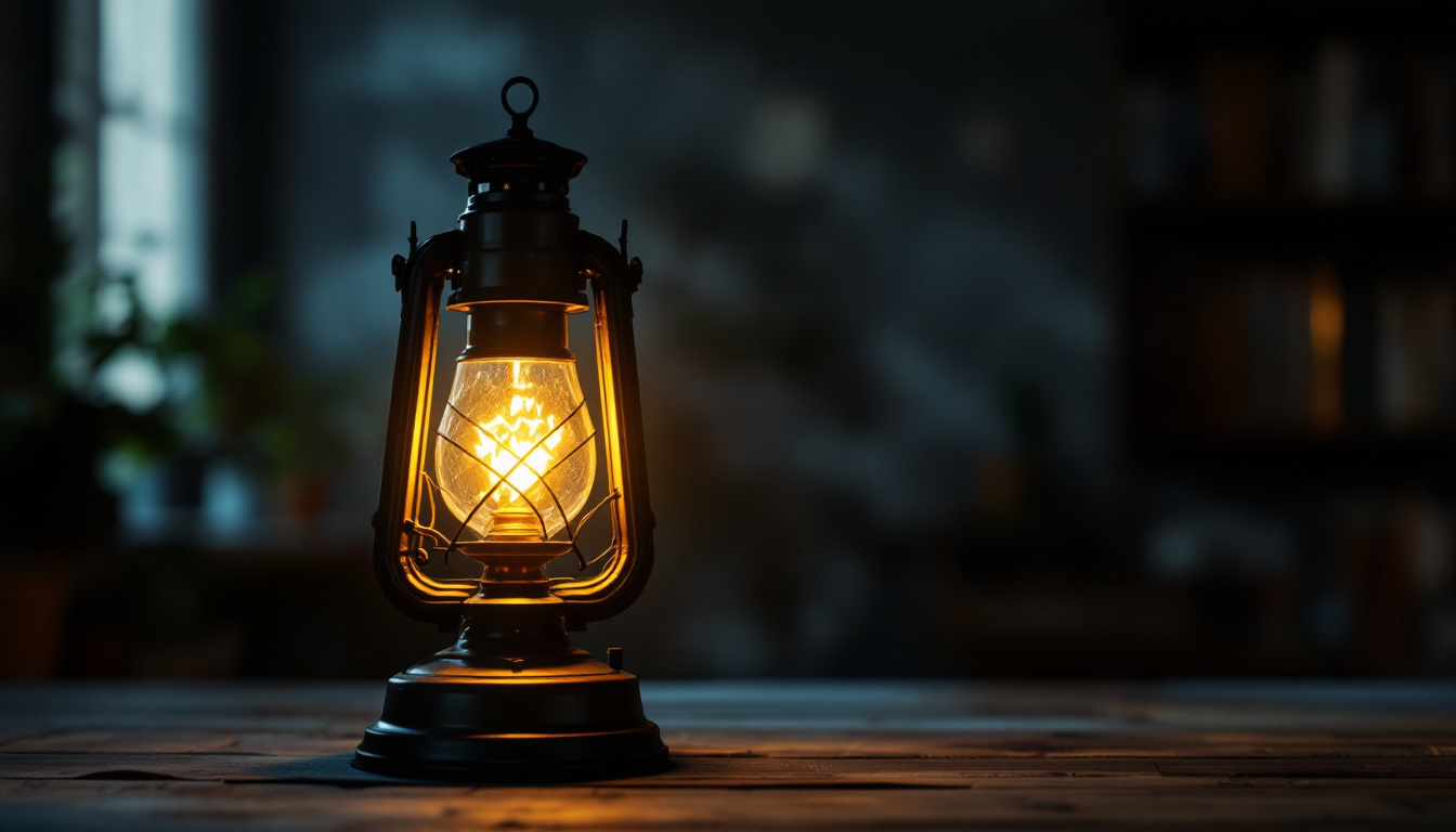 A photograph of a vintage gas lamp illuminating a dimly lit room