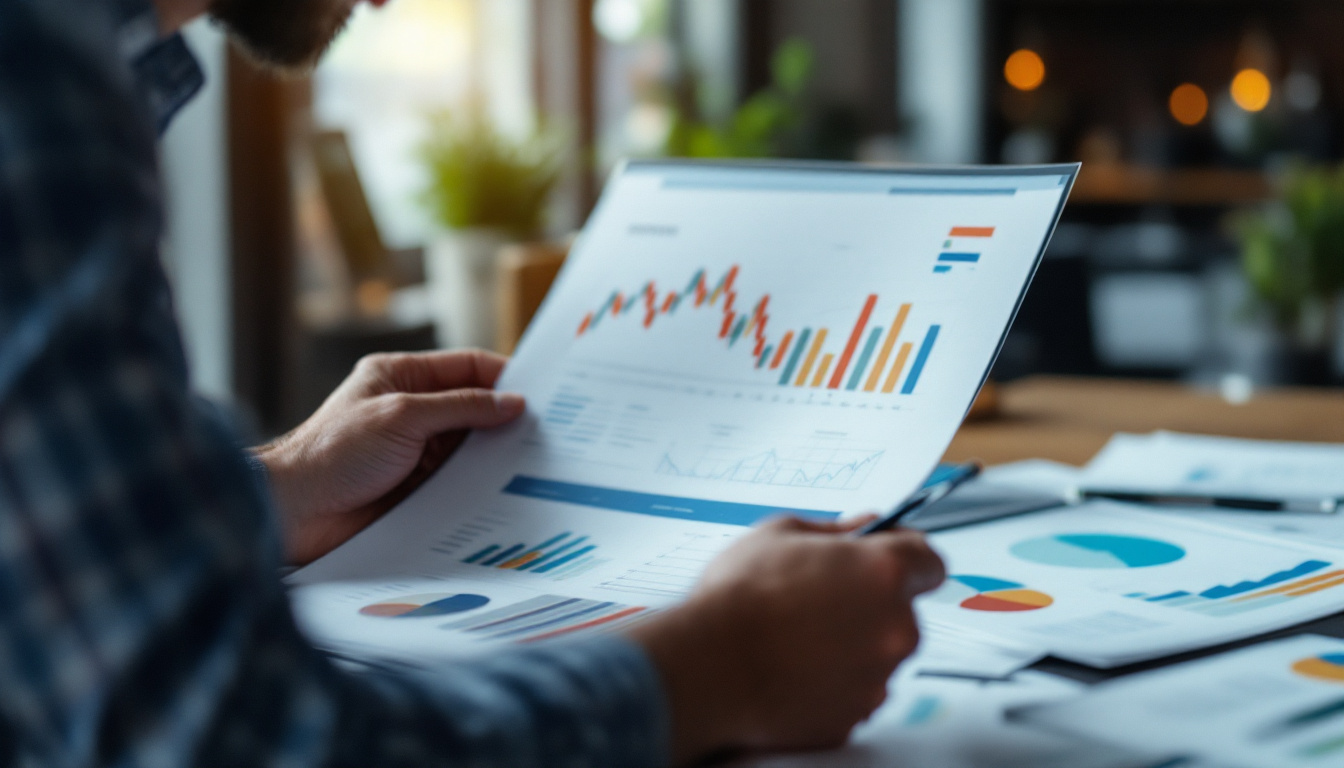 A photograph of a focused investor examining financial documents and charts