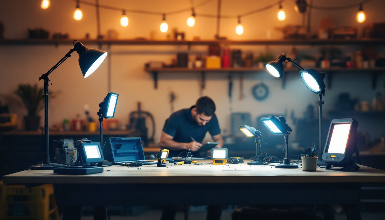 A photograph of a well-lit workspace featuring a variety of utility lights in use