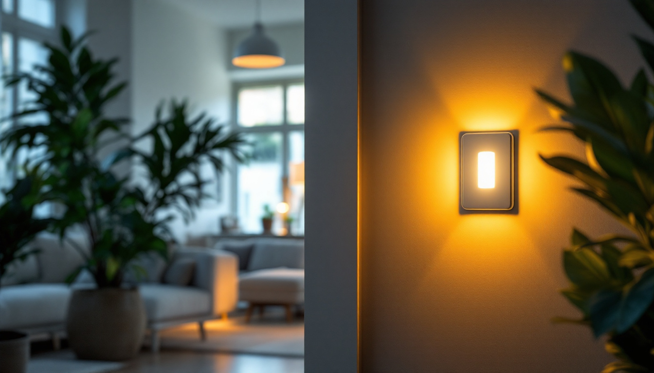 A photograph of a well-lit room featuring a motion sensor light switch in action