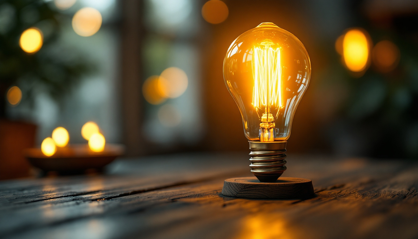 A photograph of a beautifully styled retro light bulb glowing warmly in a cozy