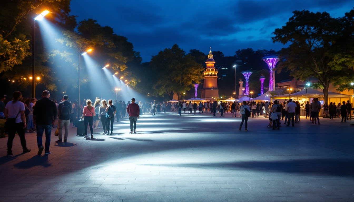 A photograph of a vibrant outdoor scene illuminated by led flood lights at dusk