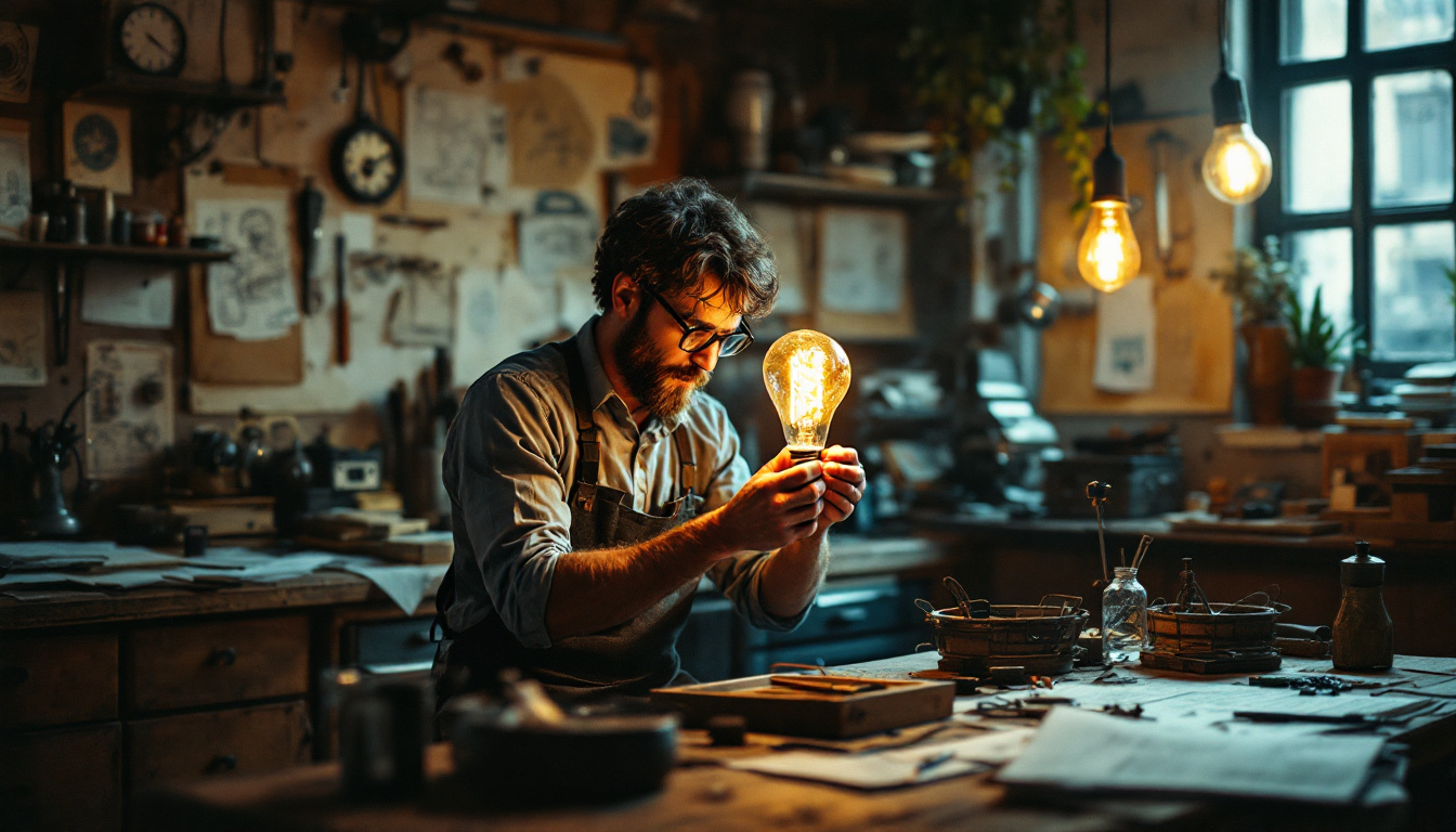 A photograph of a vintage-style workshop scene featuring an inventor at a cluttered workbench