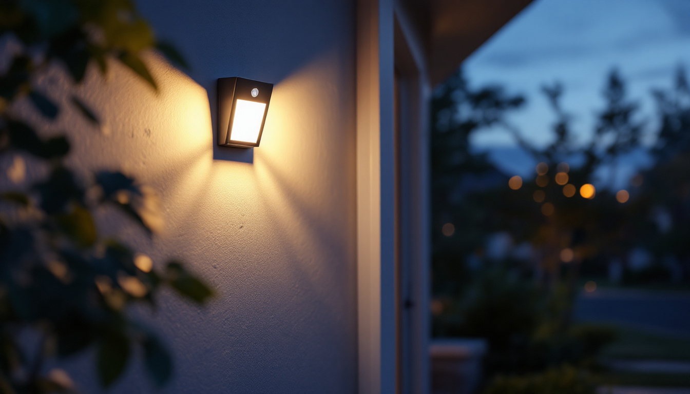 A photograph of a motion-activated porch light illuminating a welcoming entryway at dusk