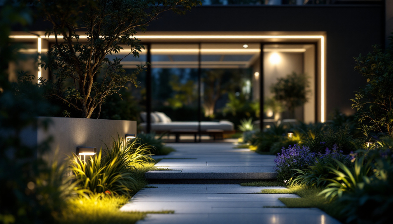 A photograph of capture a photograph of a modern outdoor space illuminated by sleek
