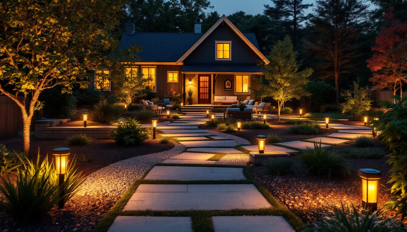 A photograph of a beautifully illuminated yard at dusk