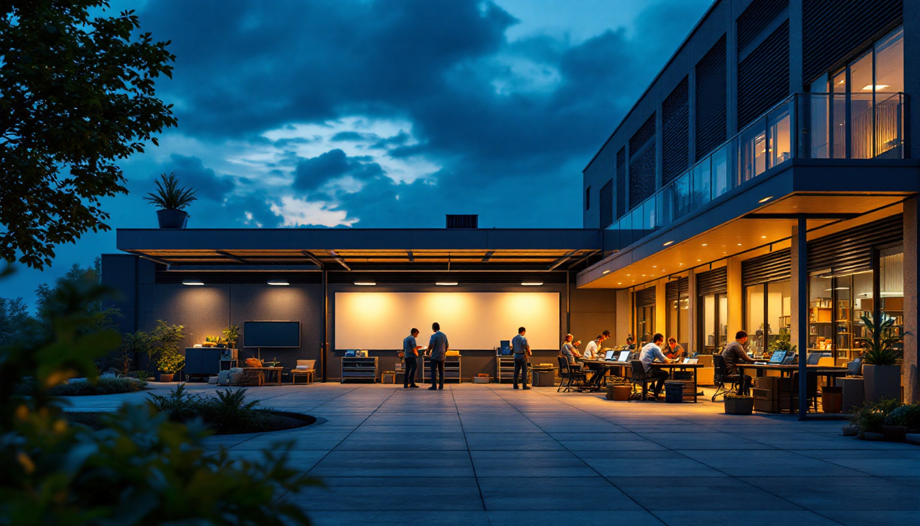 A photograph of a modern outdoor workspace or warehouse illuminated by solar-powered lights during dusk