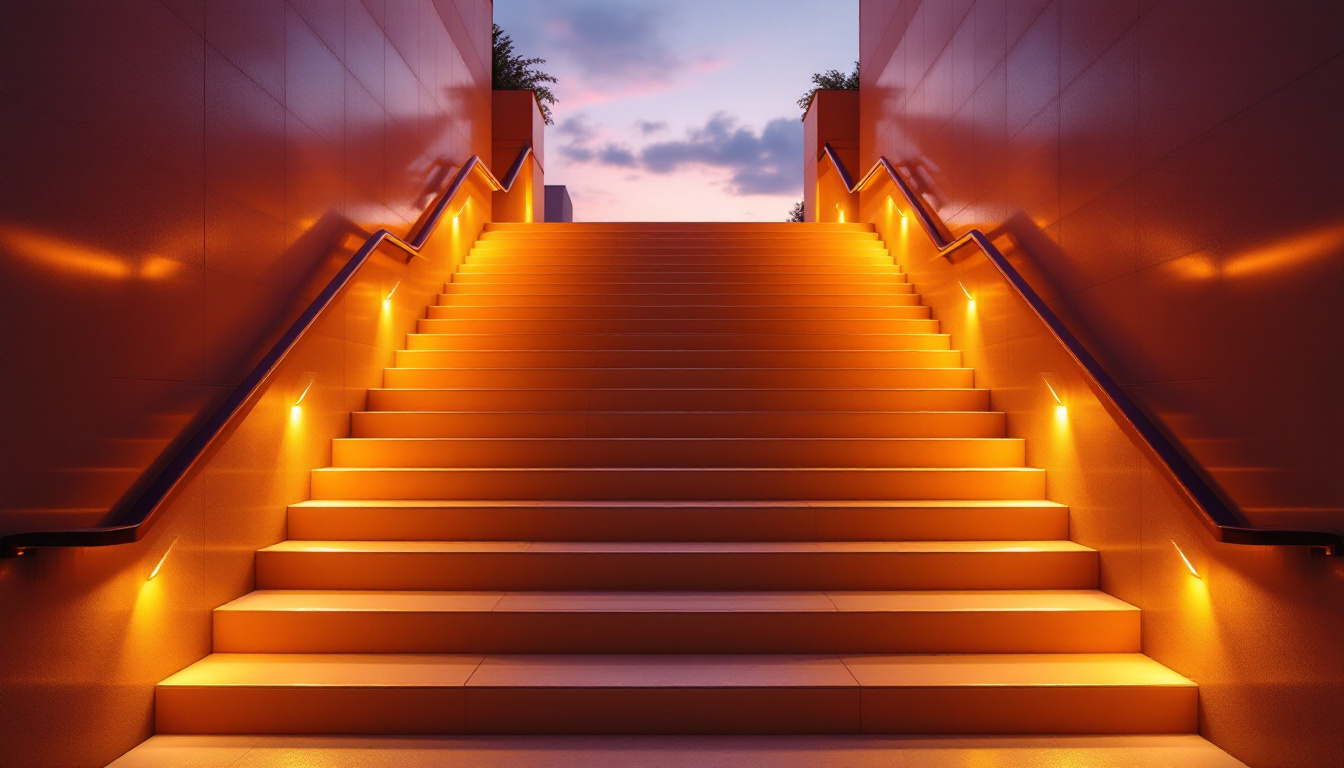 A photograph of a beautifully illuminated staircase at dusk