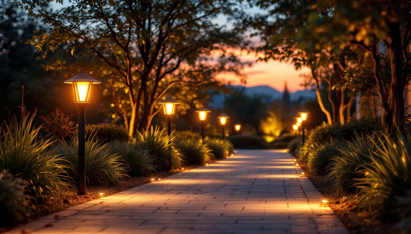 A photograph of a beautifully illuminated walkway at dusk