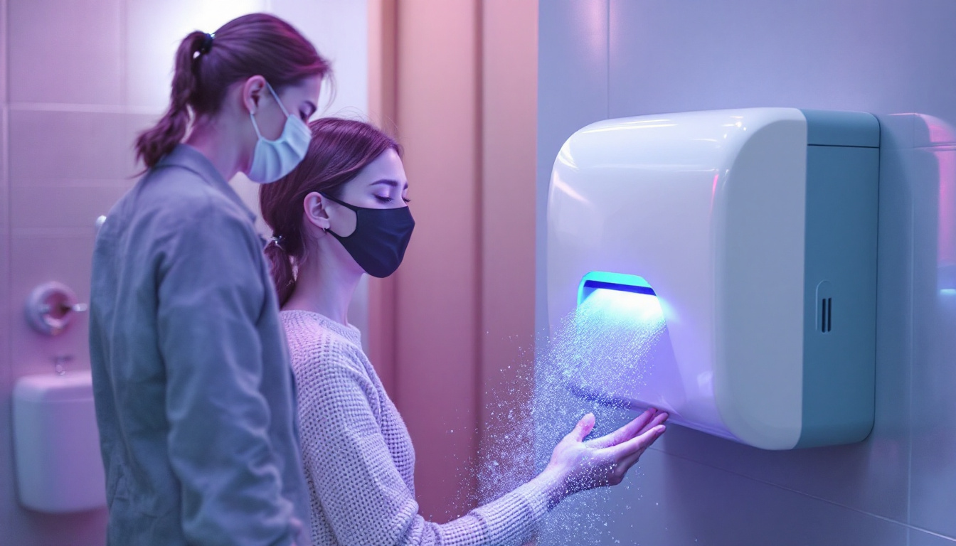 A photograph of a modern commercial hand dryer in action