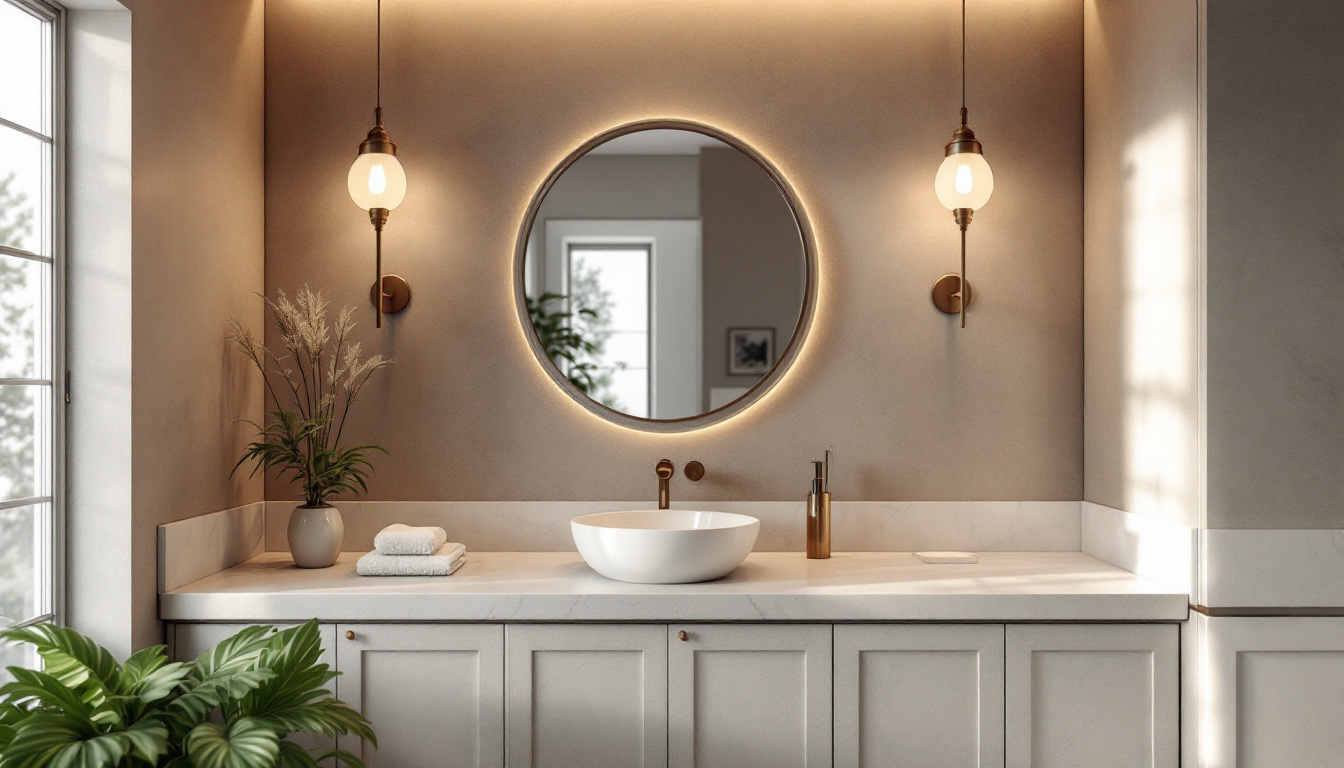 A photograph of a beautifully designed bathroom showcasing a variety of stylish lighting fixtures