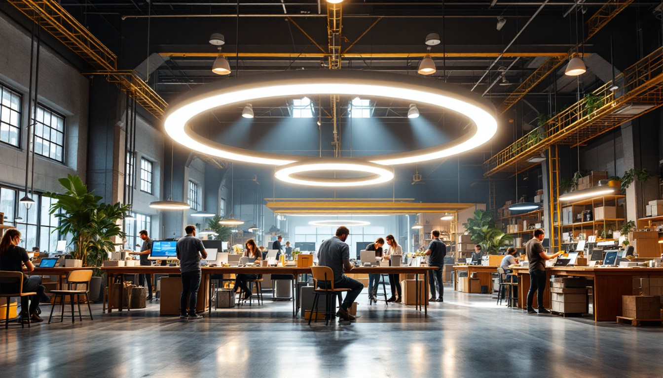 A photograph of a modern workplace or warehouse illuminated by circle lights