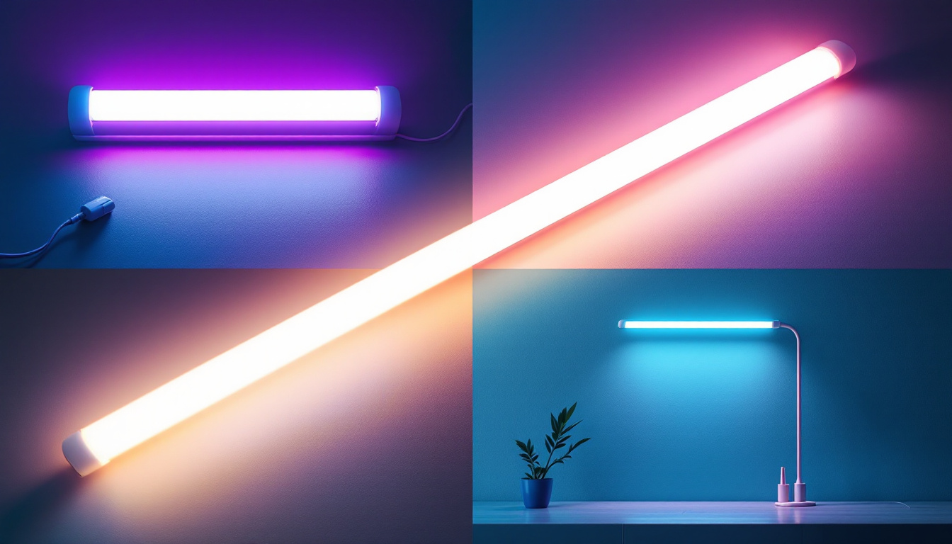 A photograph of a fluorescent tube light in various stages of development