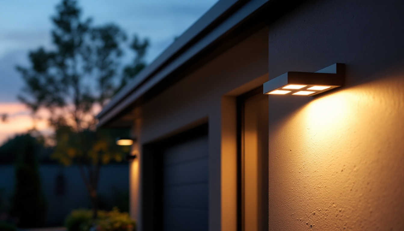 A photograph of a beautifully designed outdoor garage light fixture illuminating a stylish garage entrance at dusk