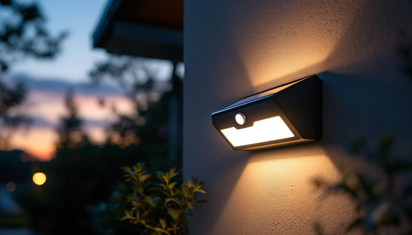 A photograph of a solar led outdoor linkable motion-activated wall pack light installed in a garden or outdoor setting during twilight