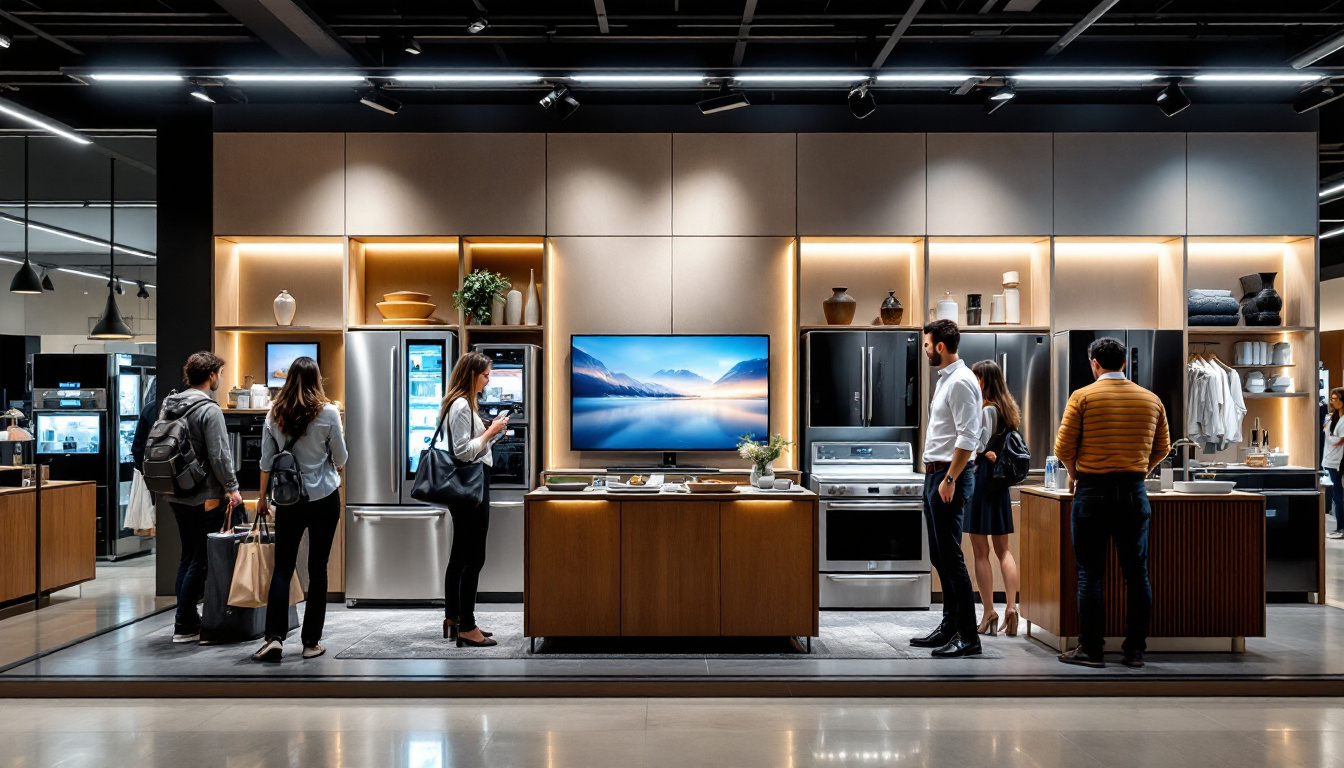 A photograph of a stylishly arranged display of high-end electric appliances at a designer outlet