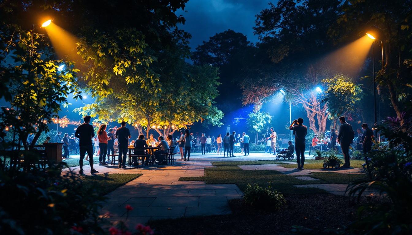 A photograph of a vibrant outdoor scene illuminated by high-quality flood lights