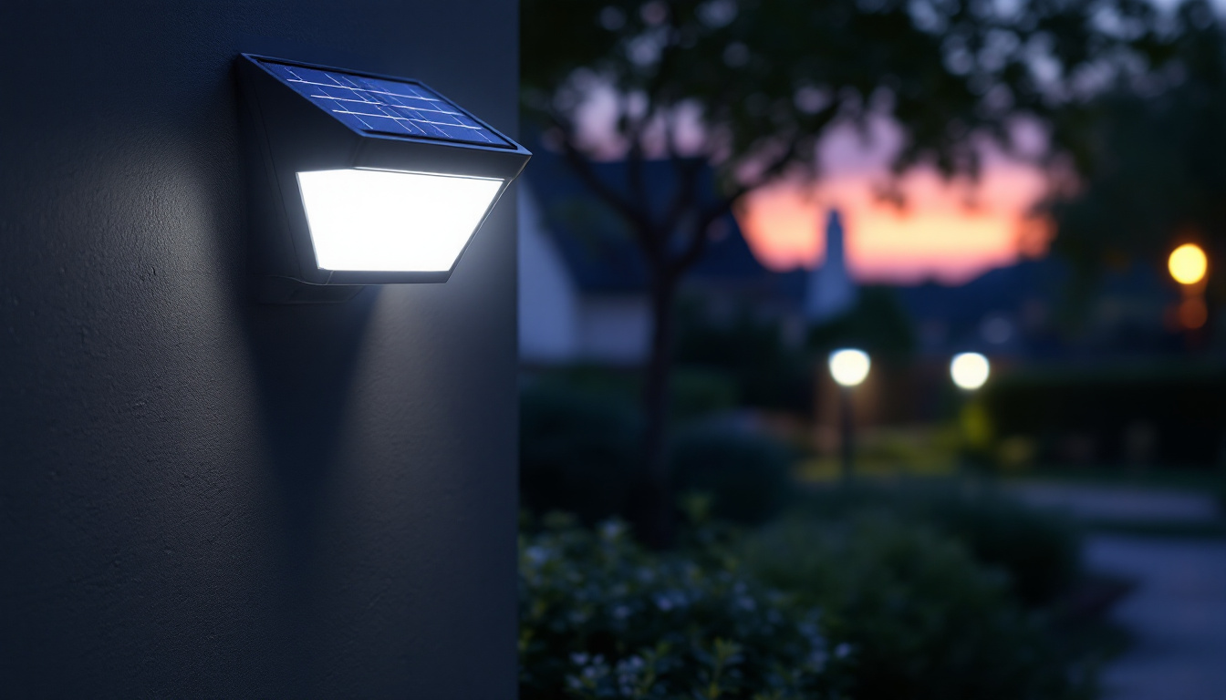 A photograph of capture a photograph of a well-lit outdoor area showcasing solar security lights in action