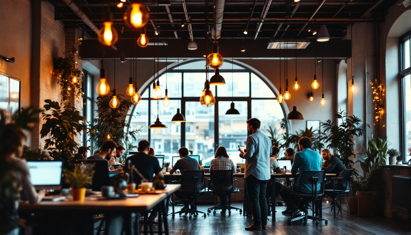 A photograph of a well-lit modern office space featuring hanging lights that create a warm and inviting atmosphere