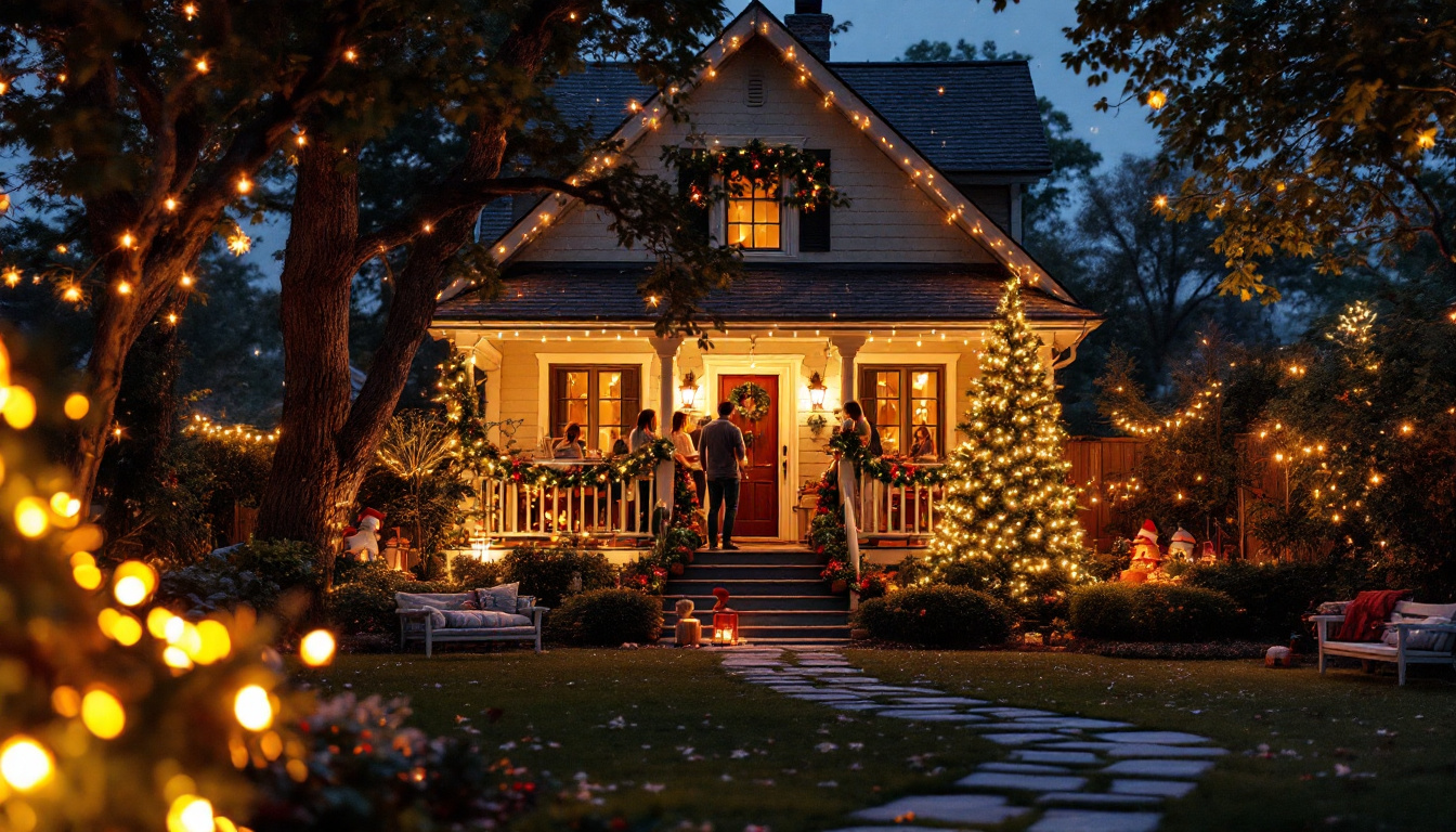 A photograph of a beautifully decorated outdoor space illuminated by vibrant christmas projection lights