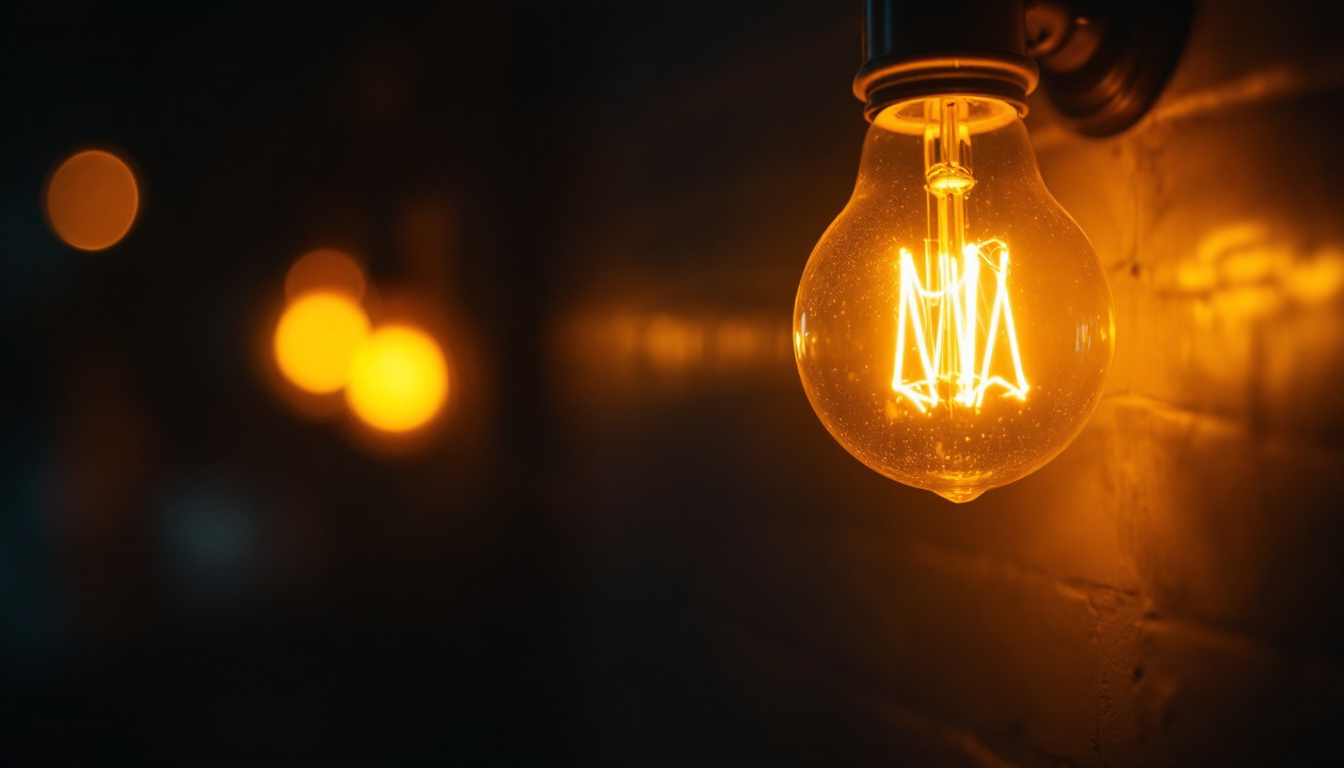 A photograph of a close-up shot of a glowing light bulb in a dimly lit environment