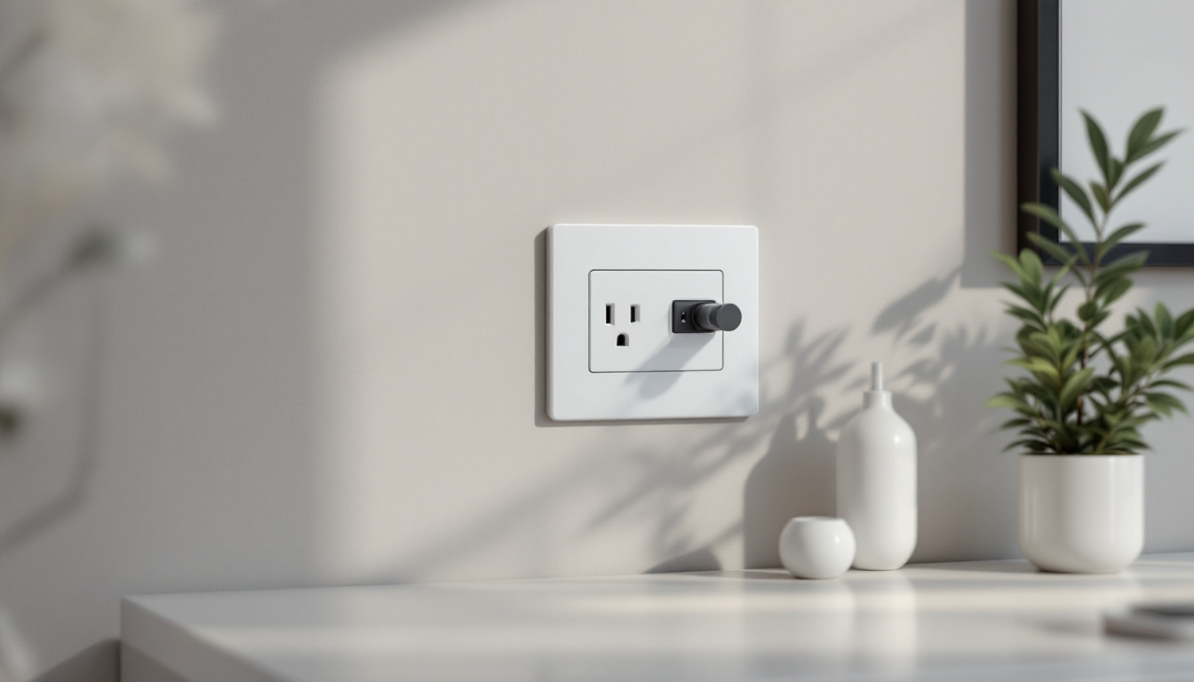 A photograph of a modern electric outlet integrated into a stylish home environment