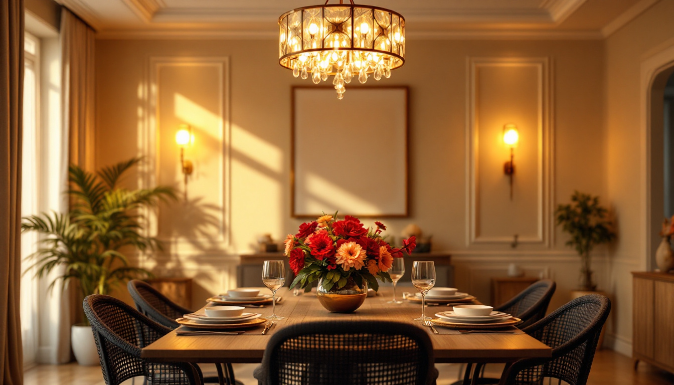 A photograph of a beautifully designed dining room featuring an elegant ceiling light fixture that enhances the ambiance