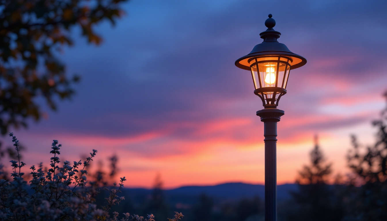 A photograph of capture a photograph of a beautifully designed outdoor light post in a picturesque setting
