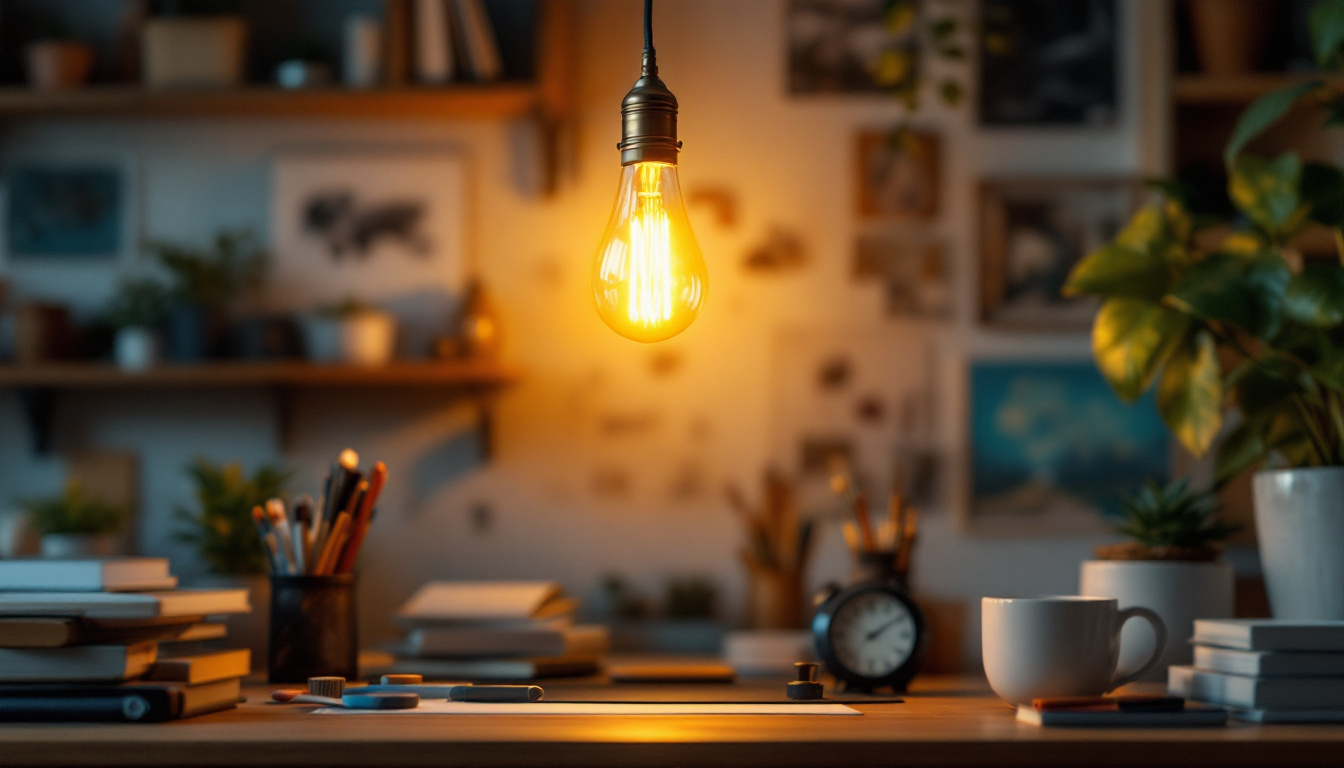 A photograph of a vintage-style electric light bulb illuminating a creative workspace