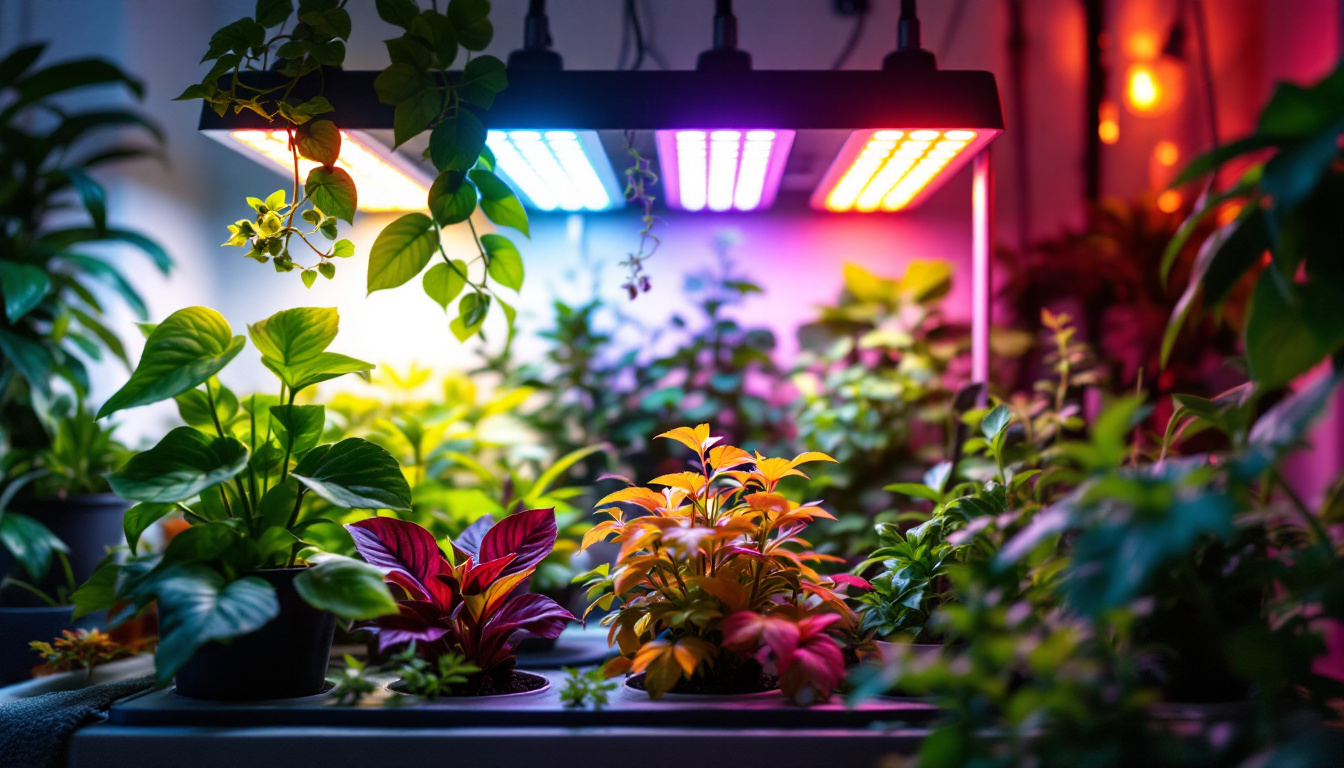 A photograph of a vibrant indoor garden setup featuring various plants illuminated by an array of led grow lights