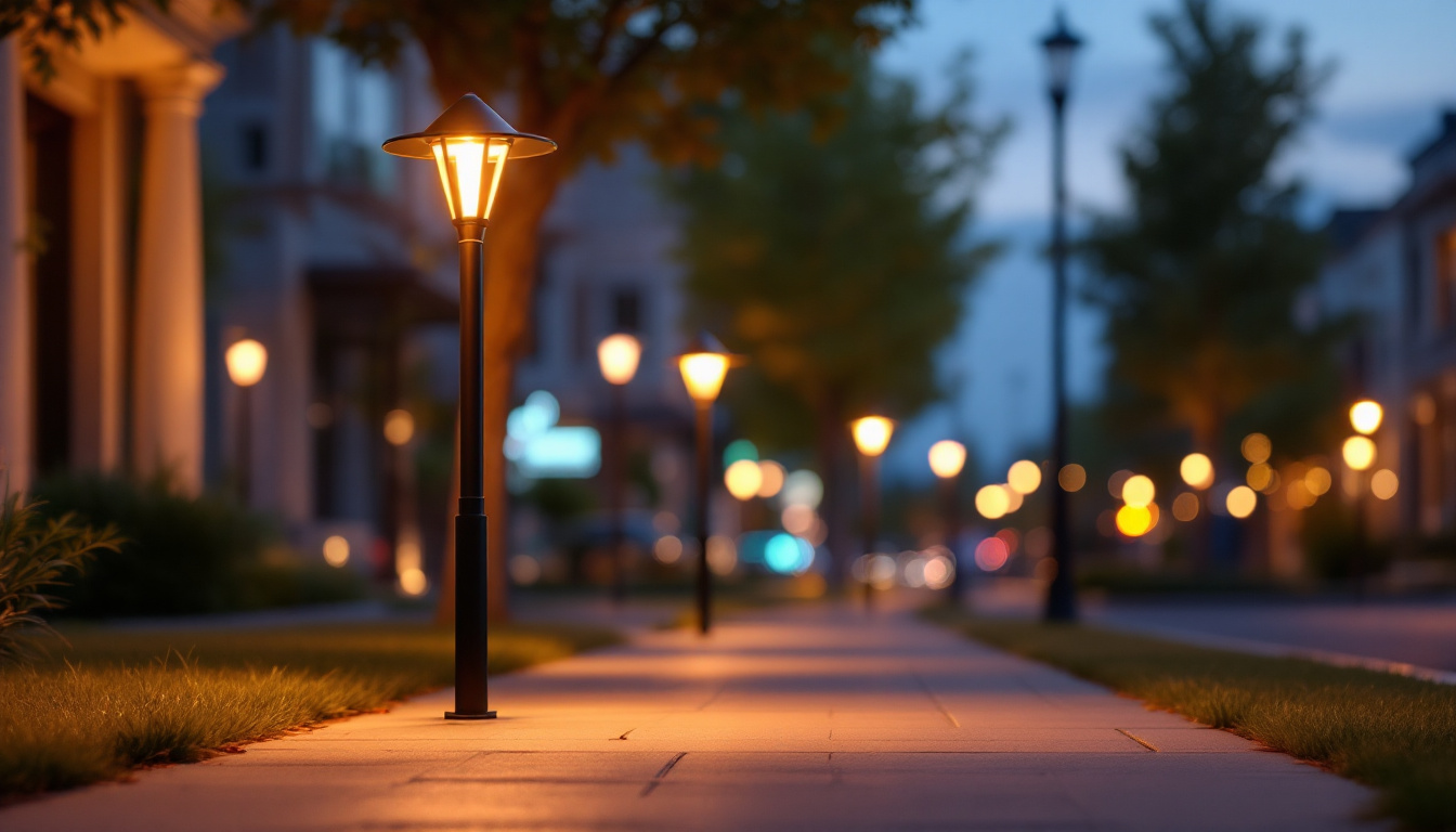 A photograph of a beautifully illuminated sidewalk at dusk