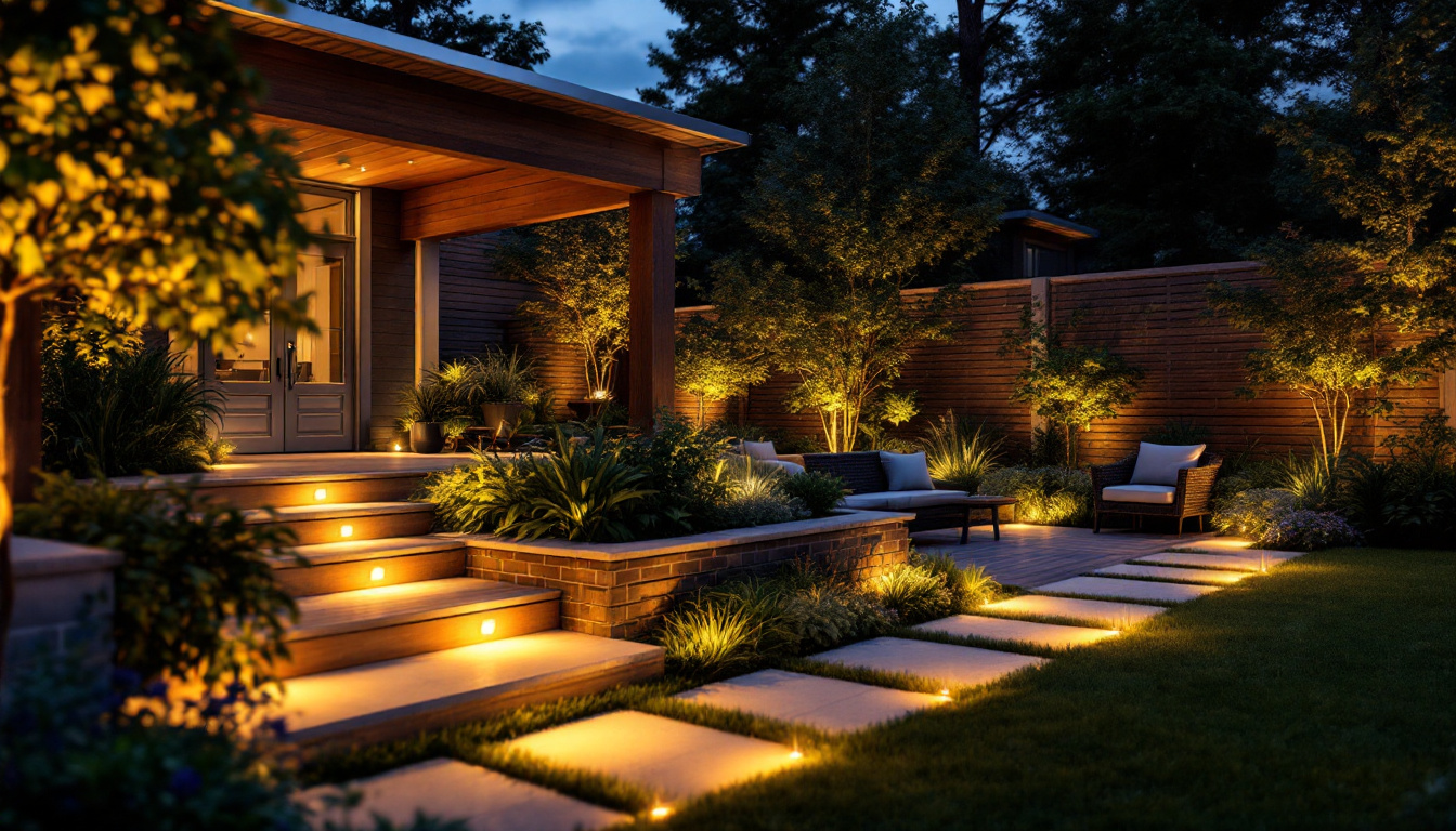 A photograph of a beautifully illuminated outdoor space featuring upgraded landscape lights