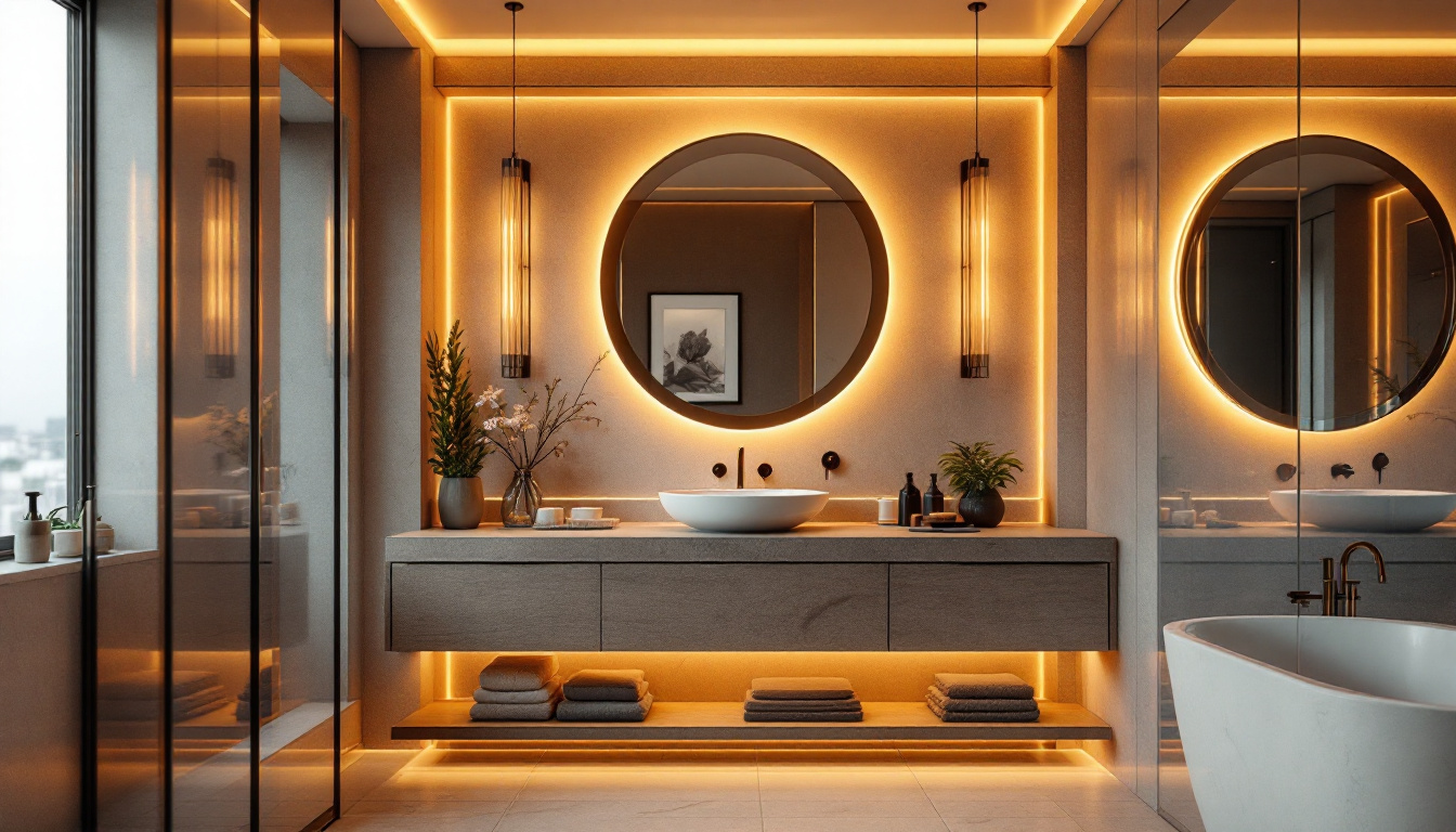 A photograph of a beautifully designed bathroom featuring an elegantly lit bath vanity
