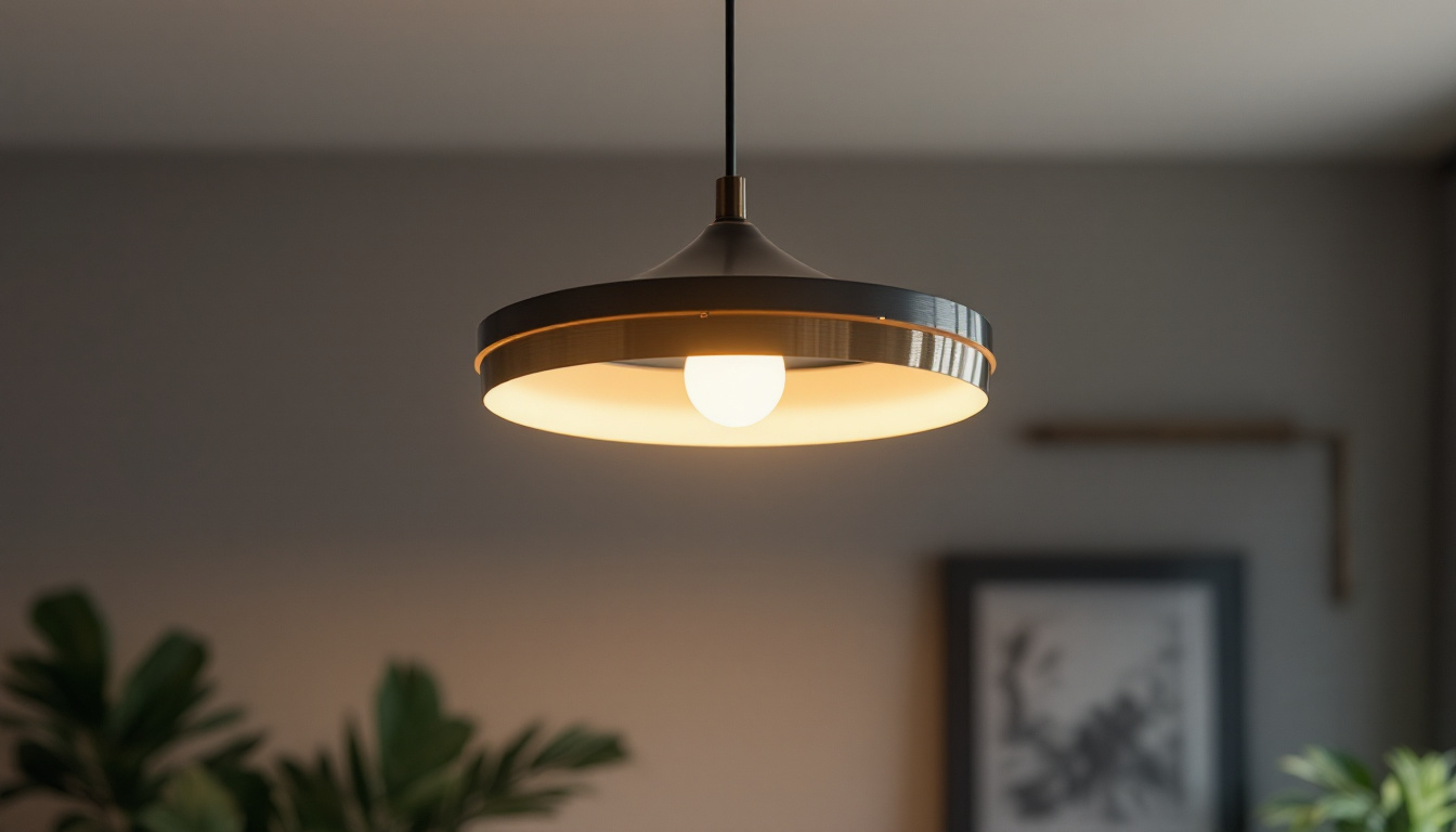 A photograph of a stylishly designed ceiling light pendant hanging in a modern interior setting