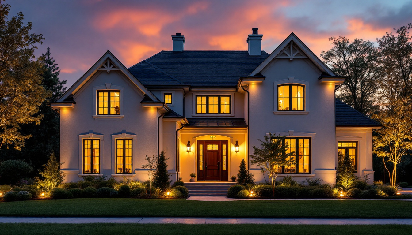 A photograph of a beautifully designed front house illuminated by warm