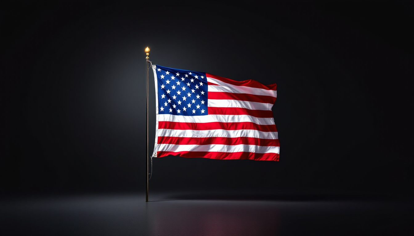 A photograph of a beautifully lit american flag displayed prominently against a dramatic dark backdrop
