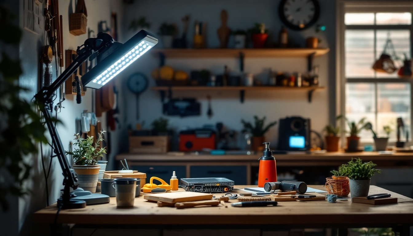 A photograph of a well-lit workspace showcasing the 48 led 5000 kelvin shop light illuminating various activities