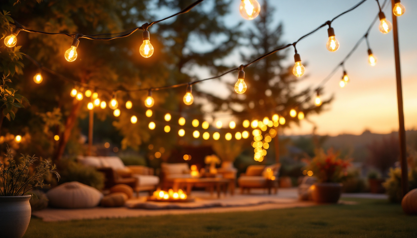 A photograph of a beautifully arranged outdoor scene illuminated by construction string lights