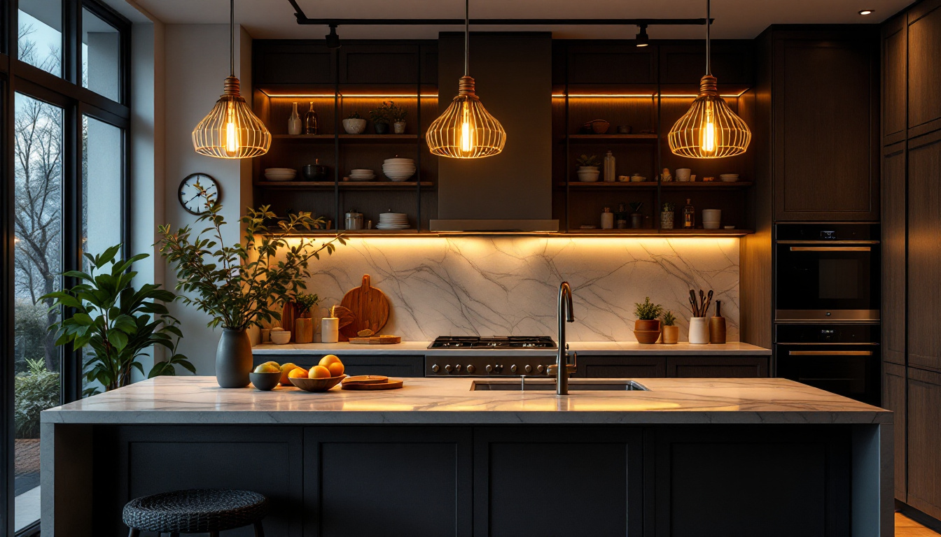 A photograph of a beautifully designed kitchen island illuminated by stylish pendant lights