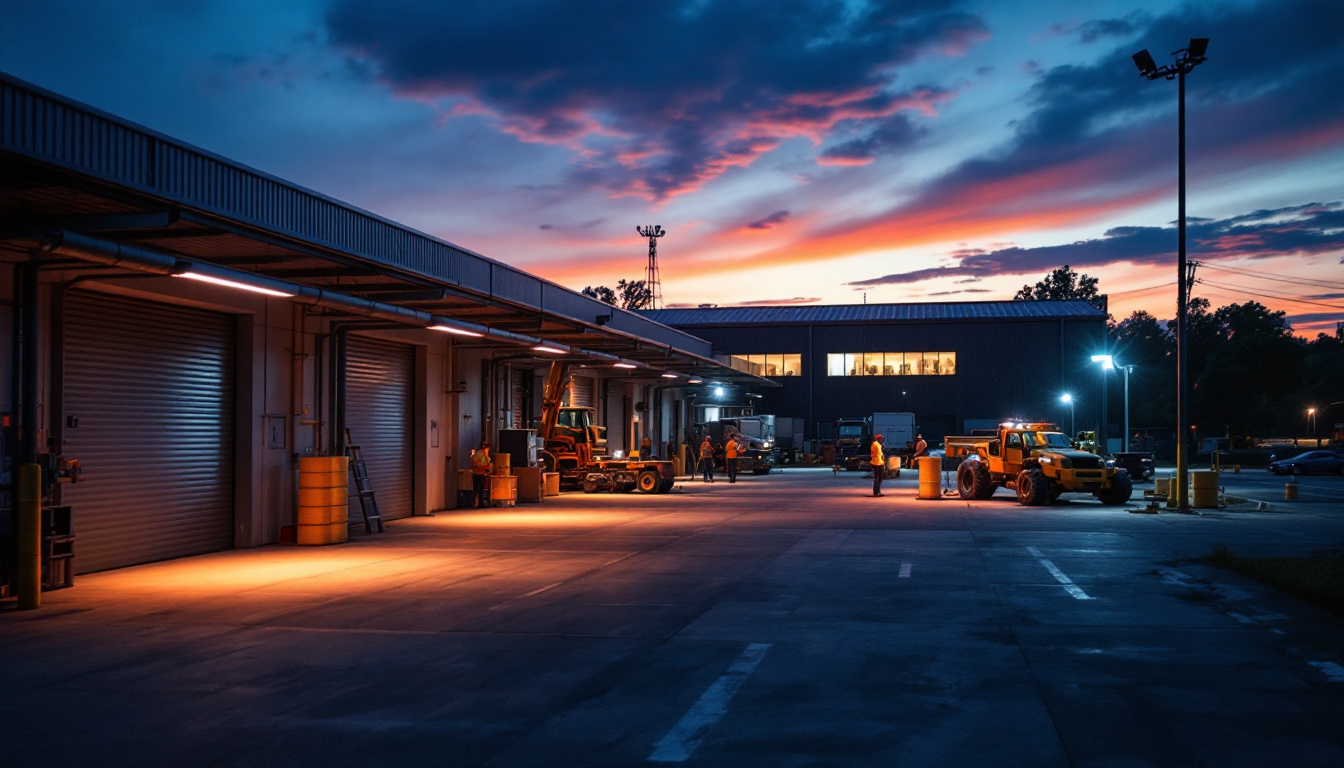A photograph of a well-lit outdoor workspace or warehouse at dusk