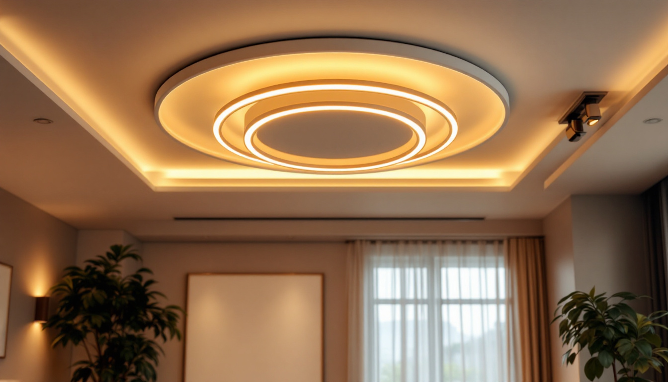 A photograph of a beautifully designed ceiling light featuring led strips